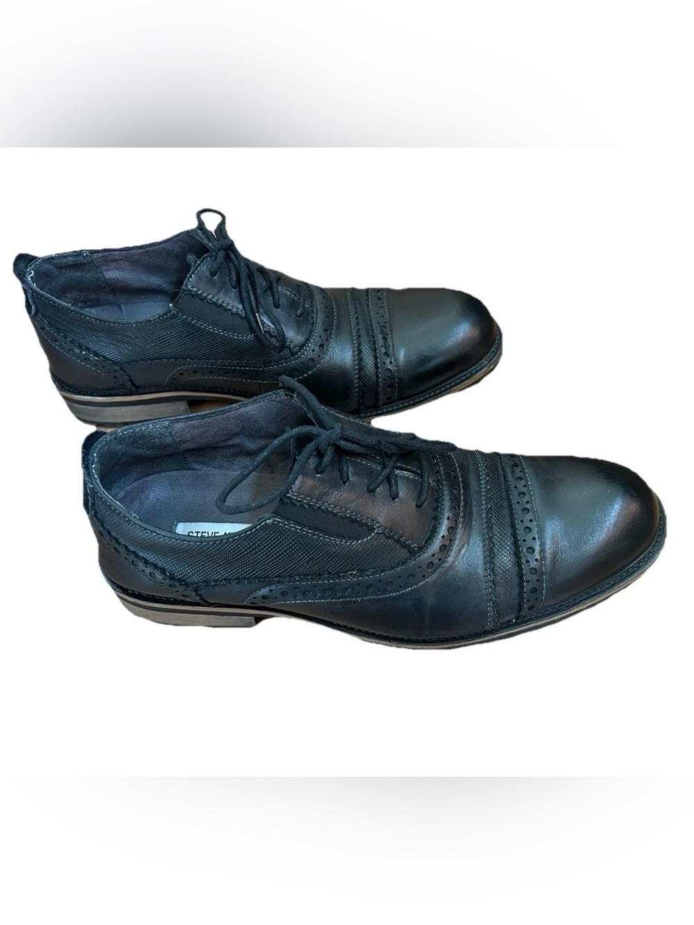 Steve Madden Mens Spanner Black Leather Brogue Oxfords, Lug Sole, Wood Accent 11
